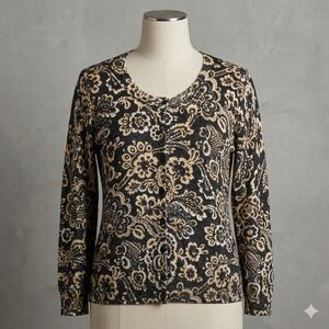 Talbots Petites XLp Black Gold Paisley Metallic Cardigan Sweater Knit Button Up